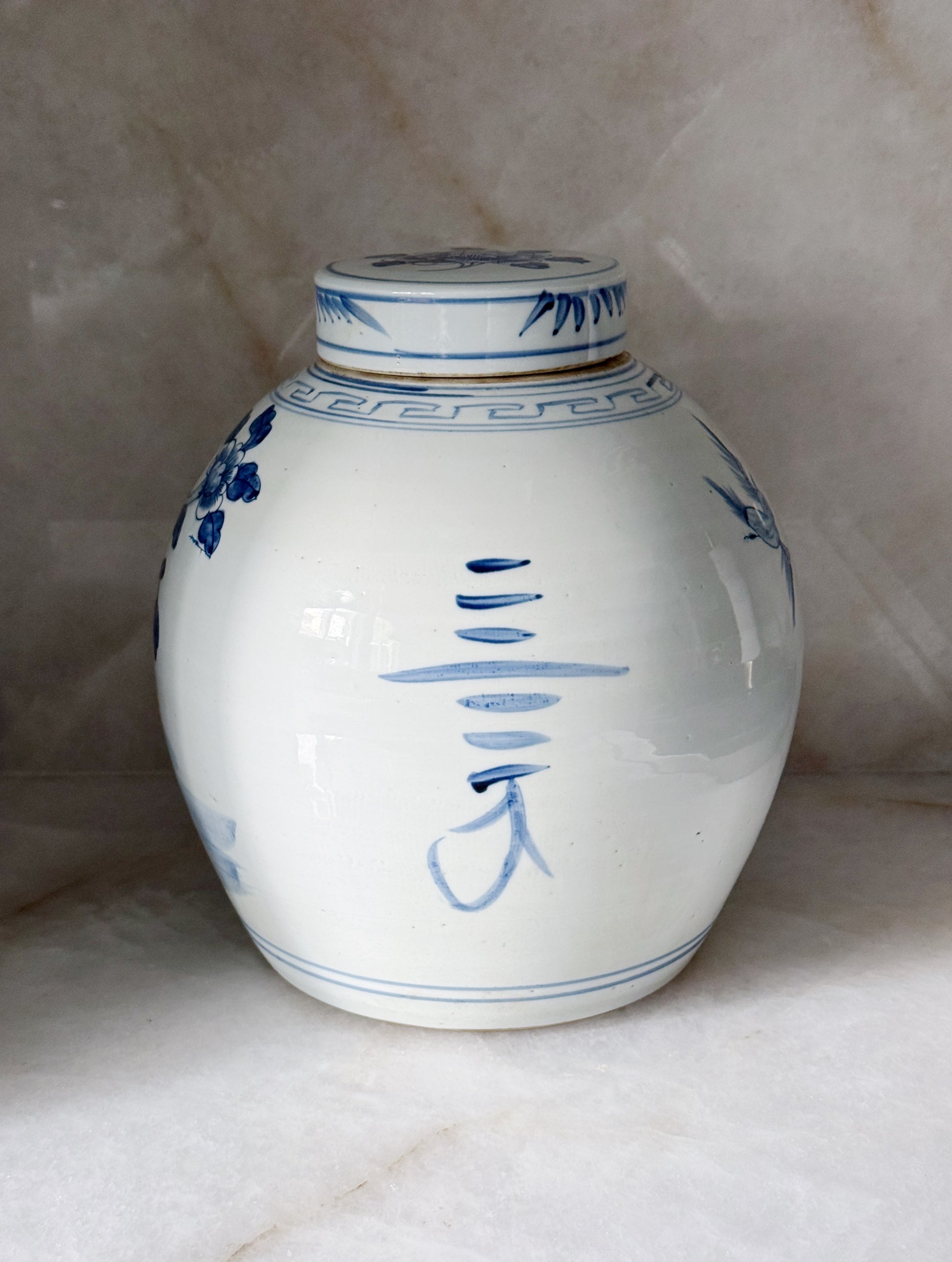 Blue & White Porcelain Bird & Floral Ginger Jar