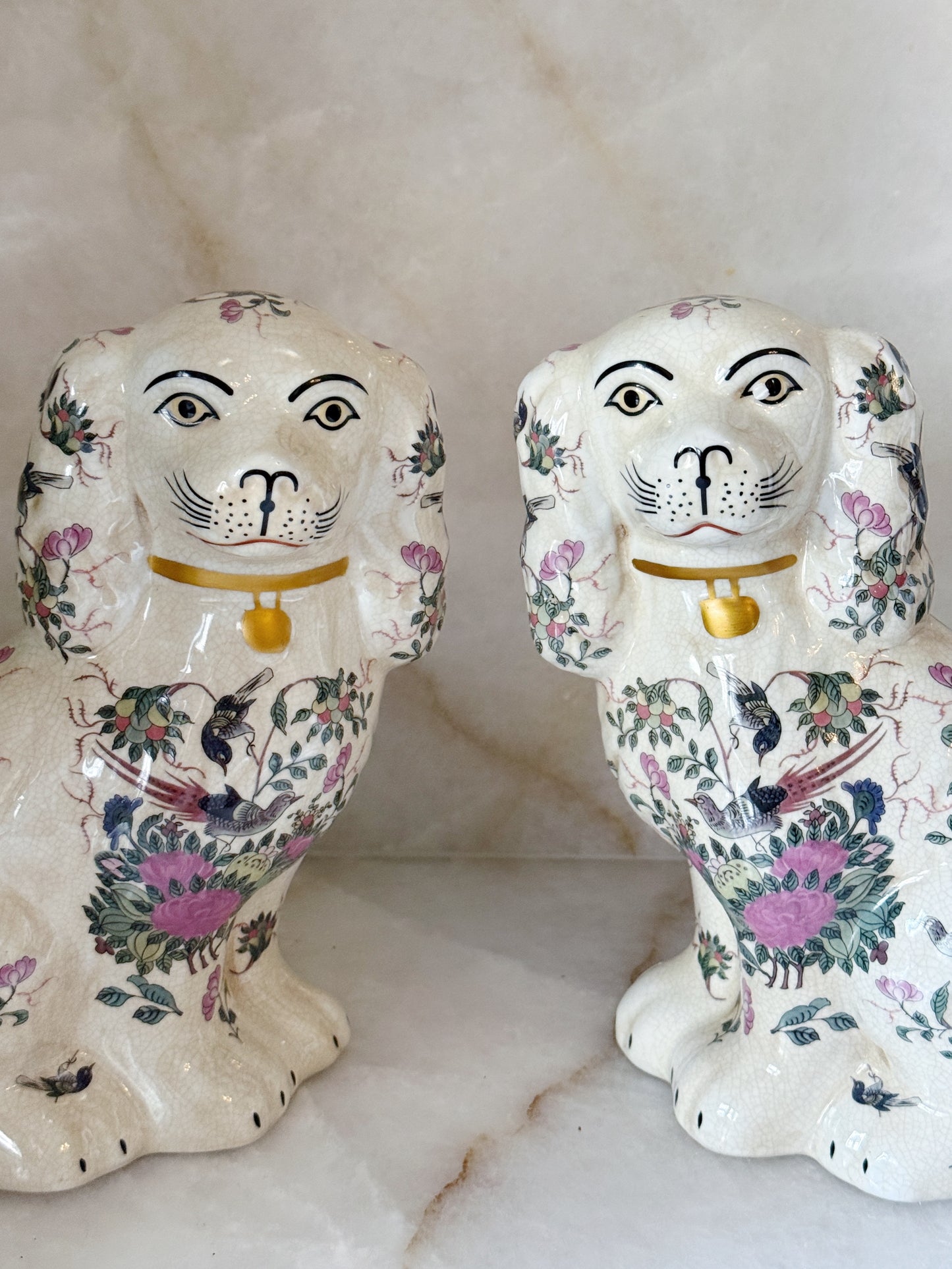 Floral Staffordshire Dog Figurines – Pair | Rose Medallion Porcelain Dogs