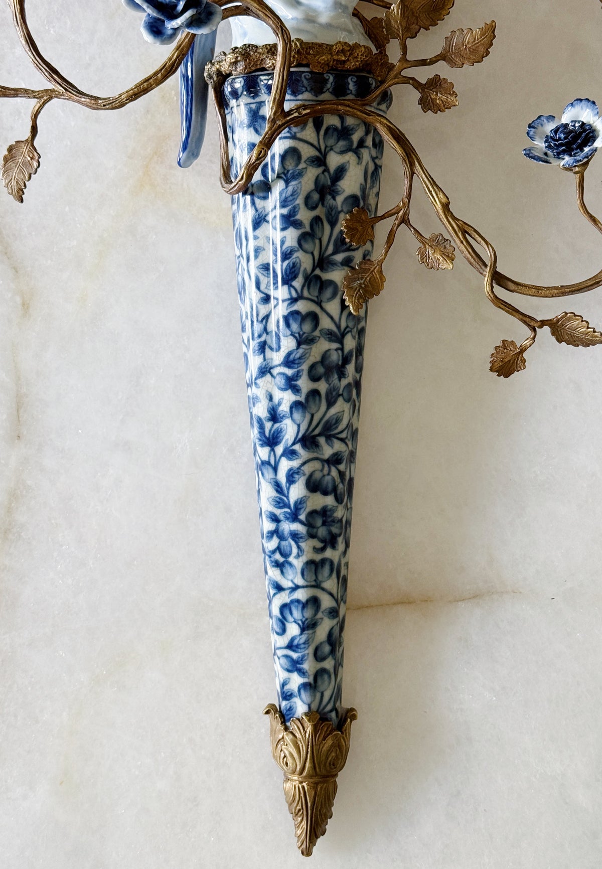 Blue & White Porcelain Bird Wall Sconces with Ormolu Branches – Pair