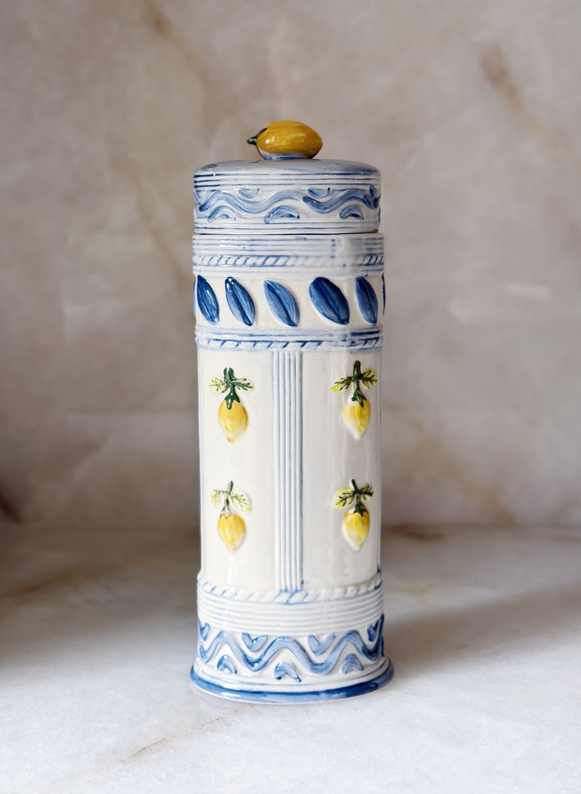 Vintage Hand Painted Blue & White Canister with Lemons
