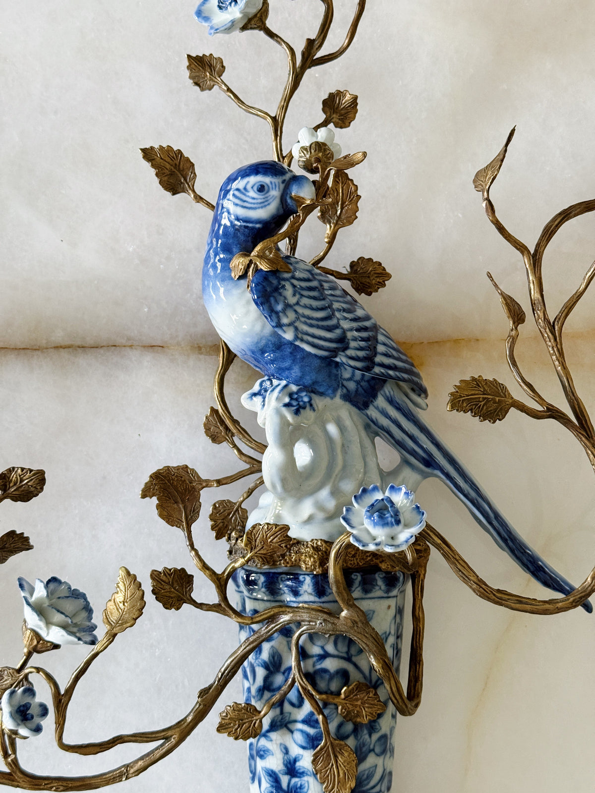 Blue & White Porcelain Bird Wall Sconces with Gilt Branches – Pair