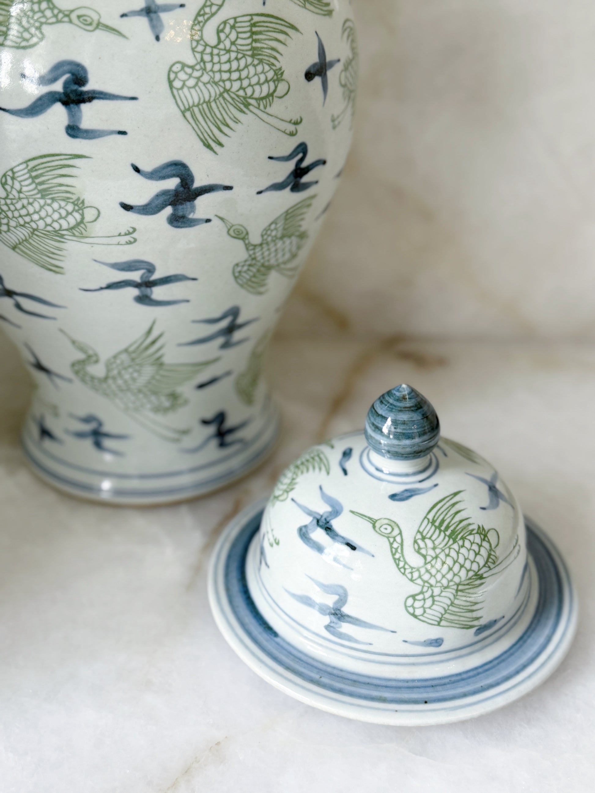 Blue and green crane temple jars 