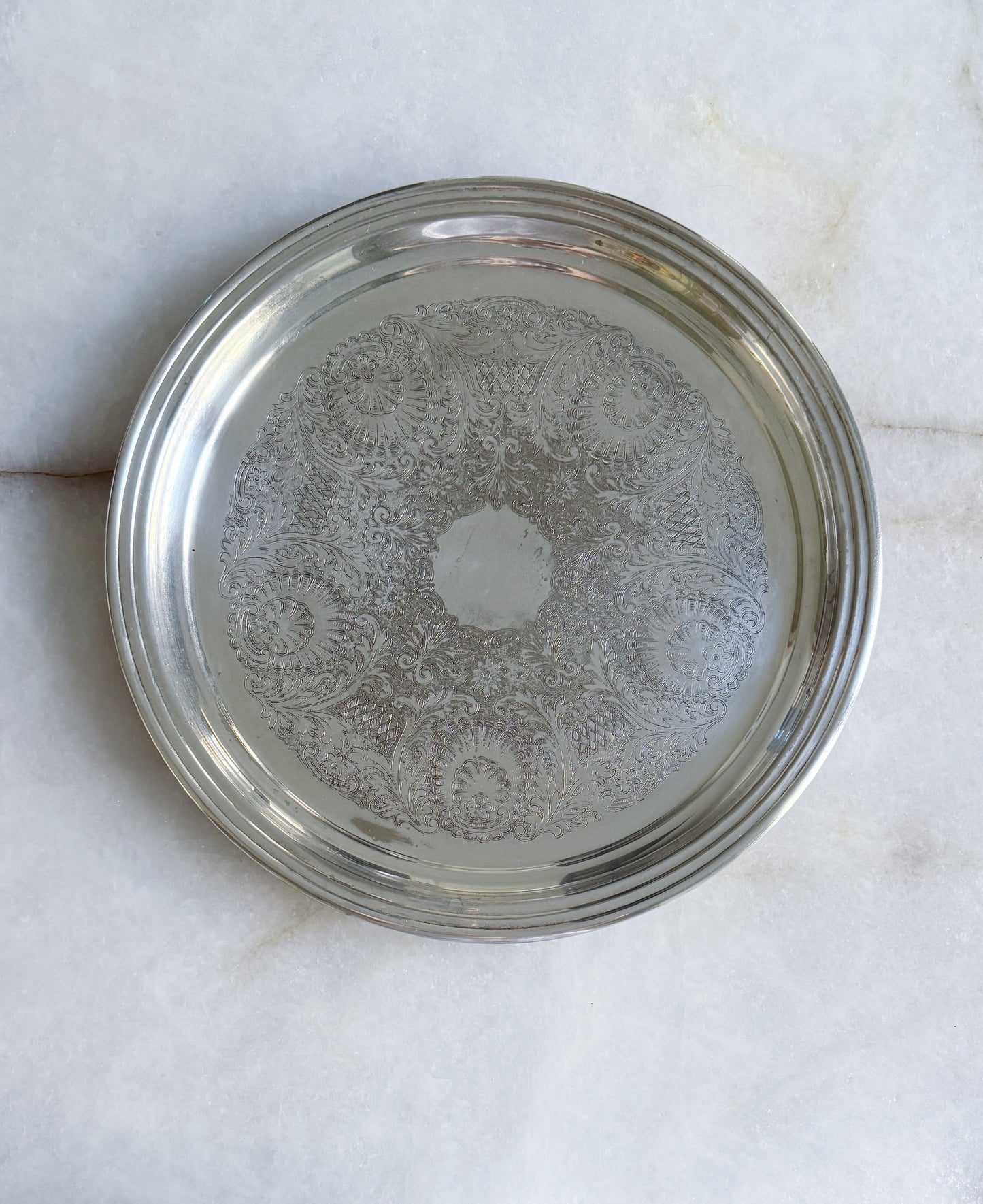 Vintage Large Round Silver Serving Tray with Embossed Center- 15”