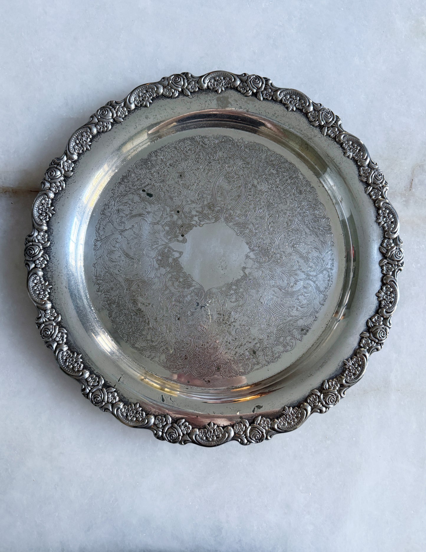Vintage Round Silver Serving Tray with Floral Border and embossed center 