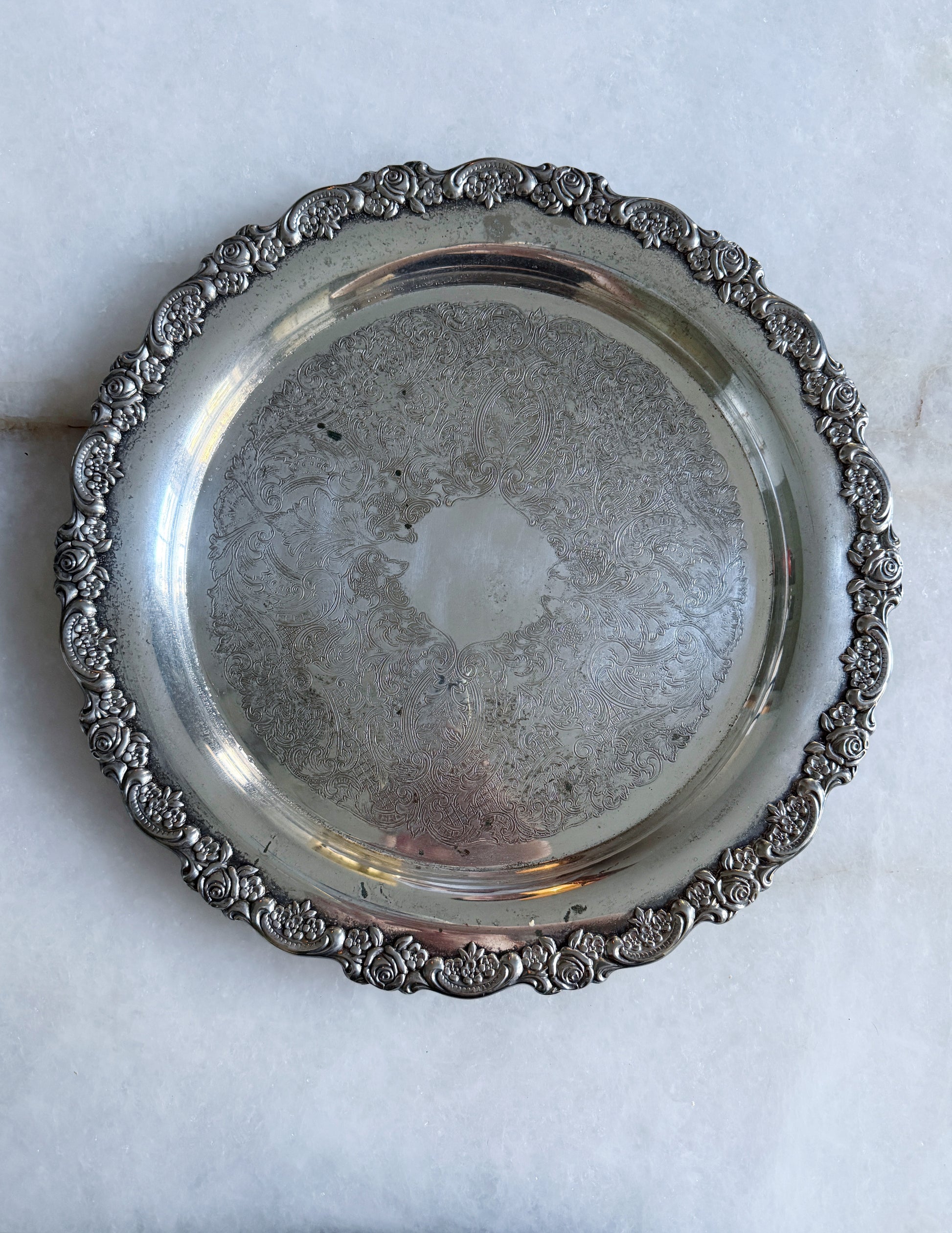 Vintage Round Silver Serving Tray with Floral Border and embossed center 