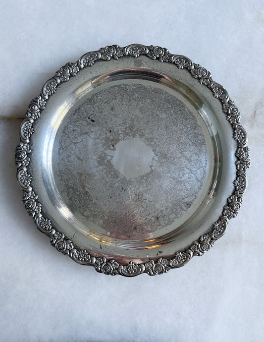 Vintage Round Silver Serving Tray with Floral Border and embossed center 