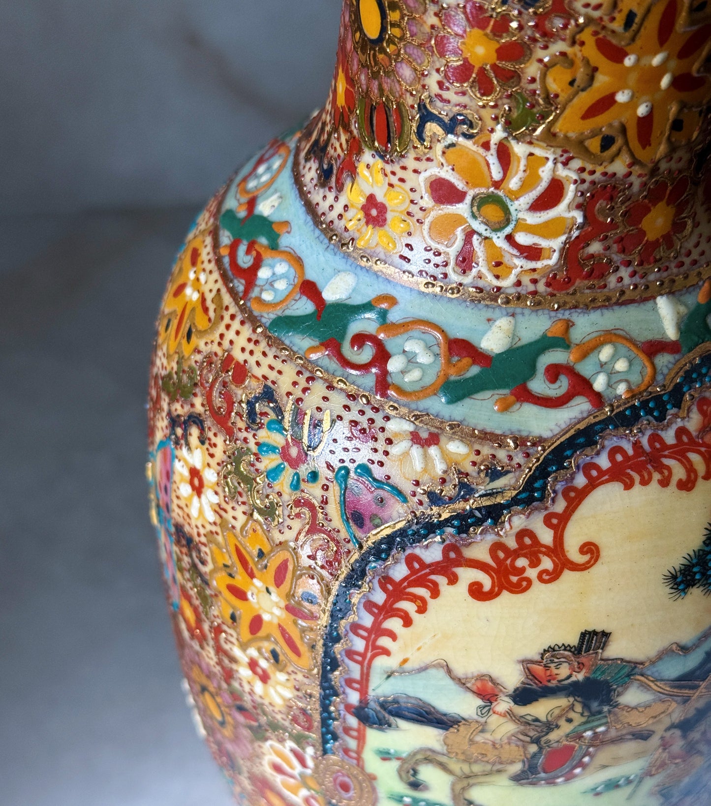 Vintage Satsuma Style Textured Chinoiserie Vase with Figural Scene