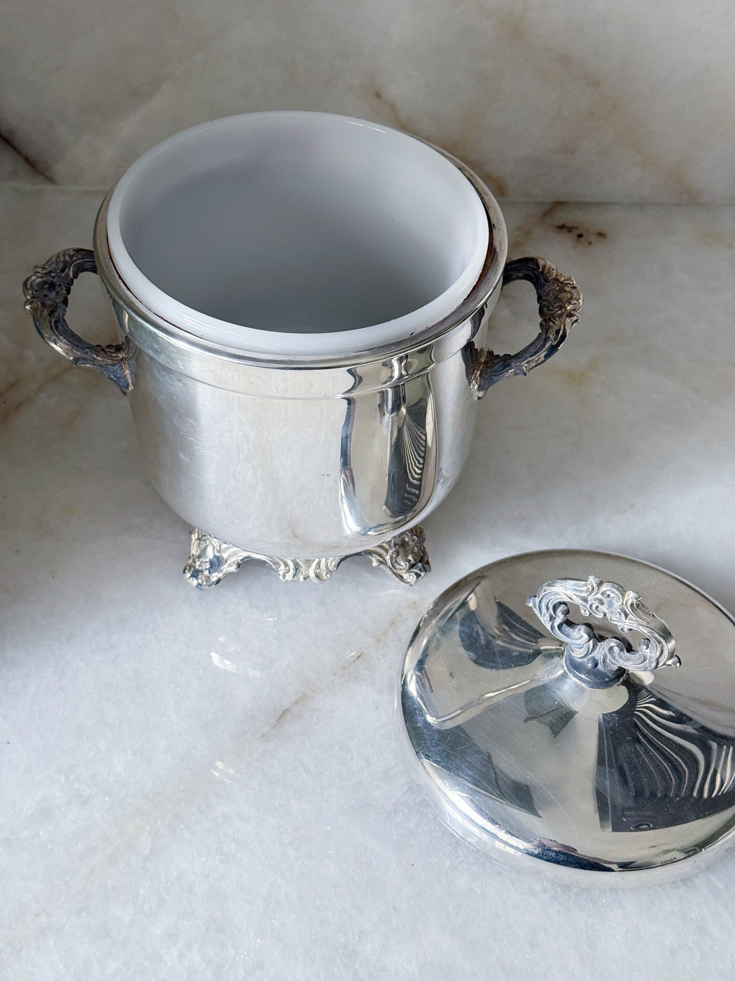 Vintage Silver Footed Ice Bucket with Lid & Ornate Handles