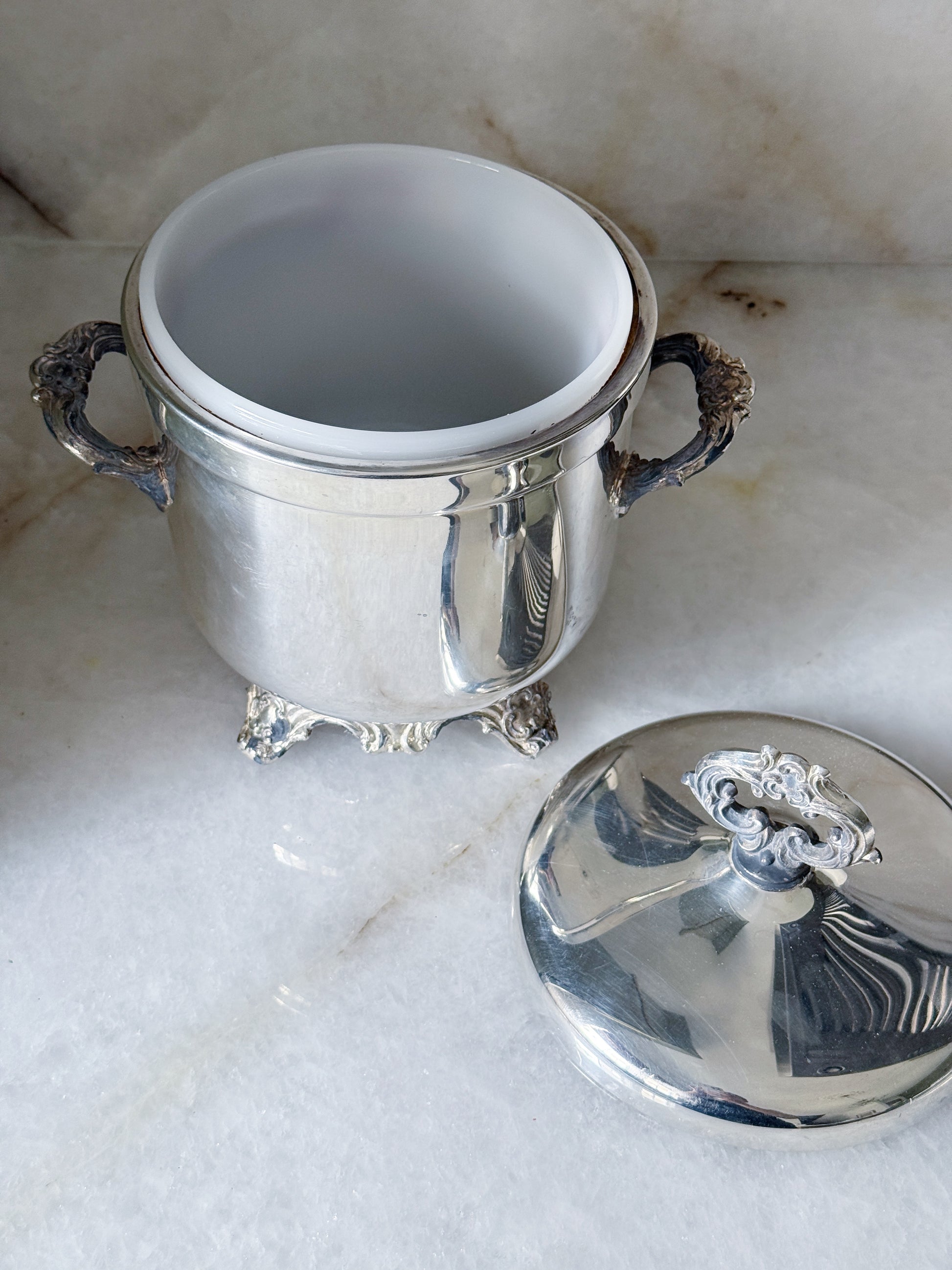 Vintage Silver Footed Ice Bucket with Lid & Ornate Handles