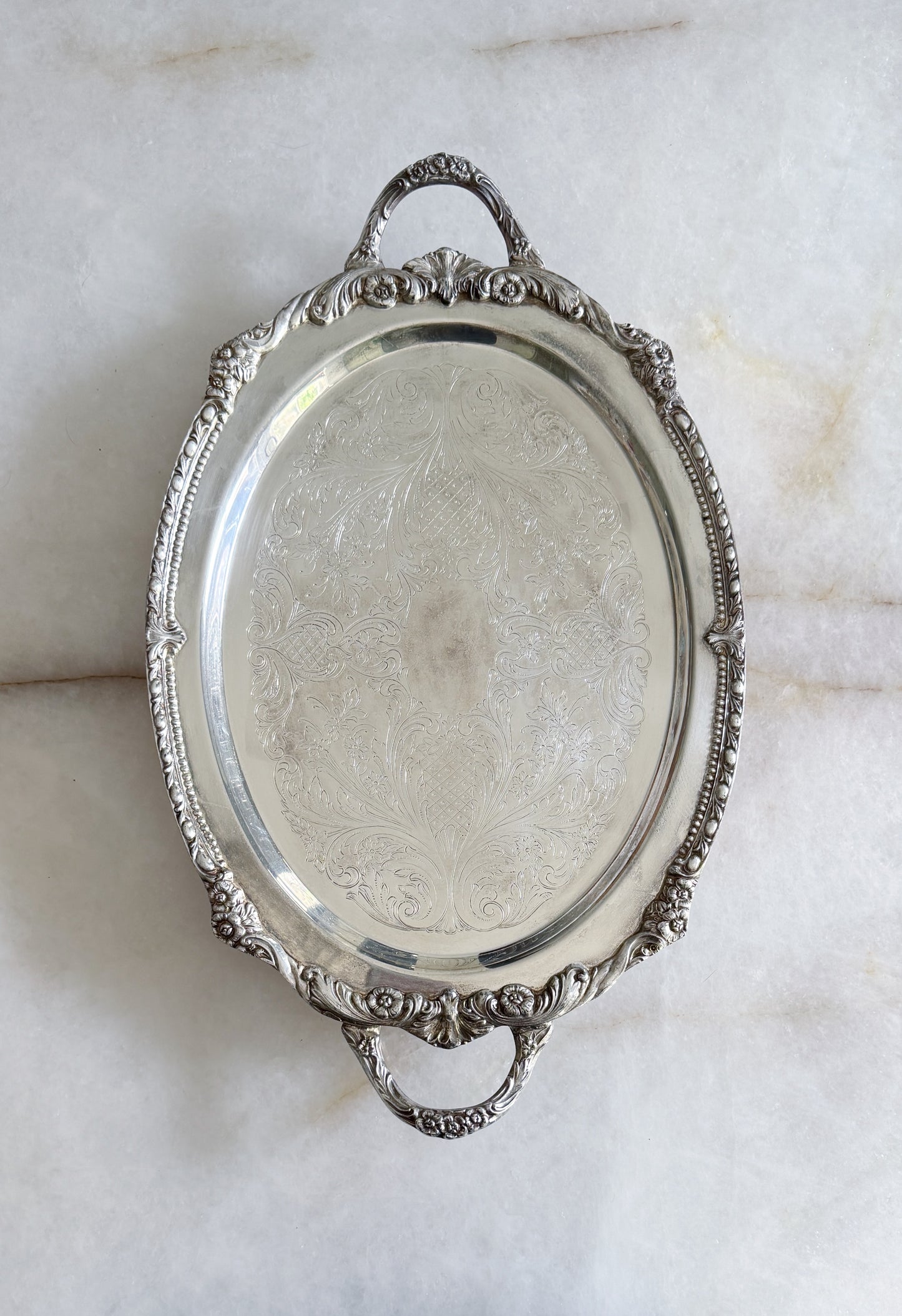 Vintage Large Silver Embossed Footed Serving Tray