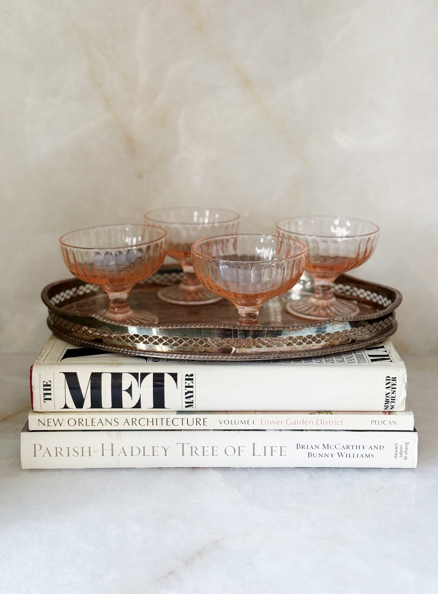 Vintage pink depression champagne coupes