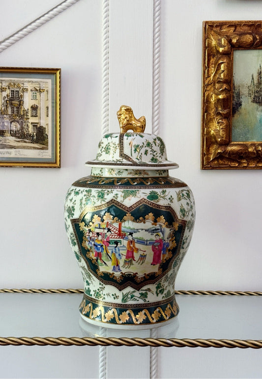Vintage green famille verte porcelain jar with lid, front view