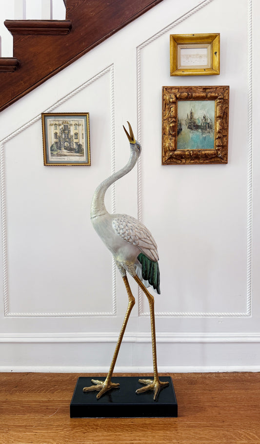 Tall Hand-Painted Porcelain Crane with Bronze Ormolu Base