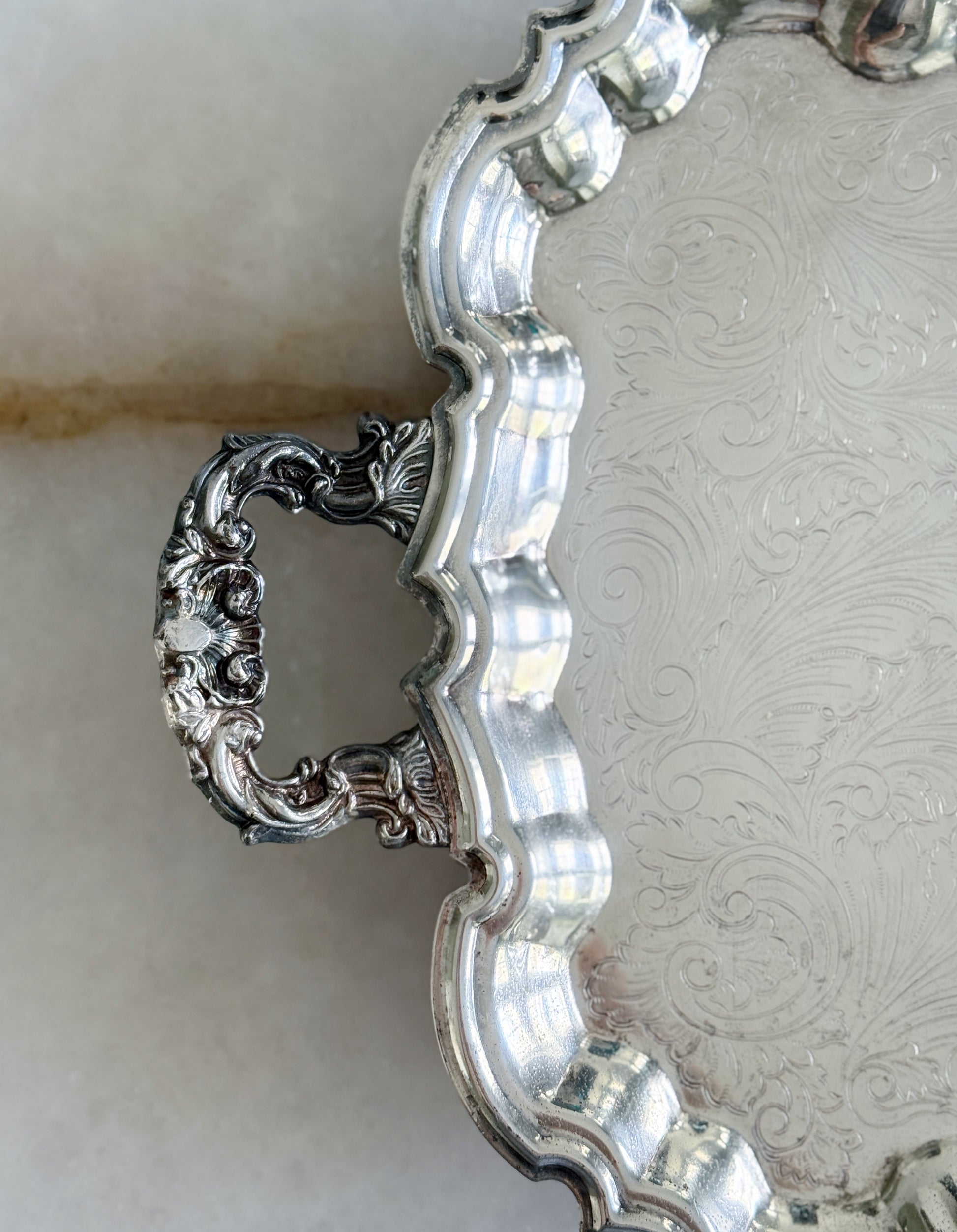 Large Vintage Silver Embossed Footed Serving Tray - 23”