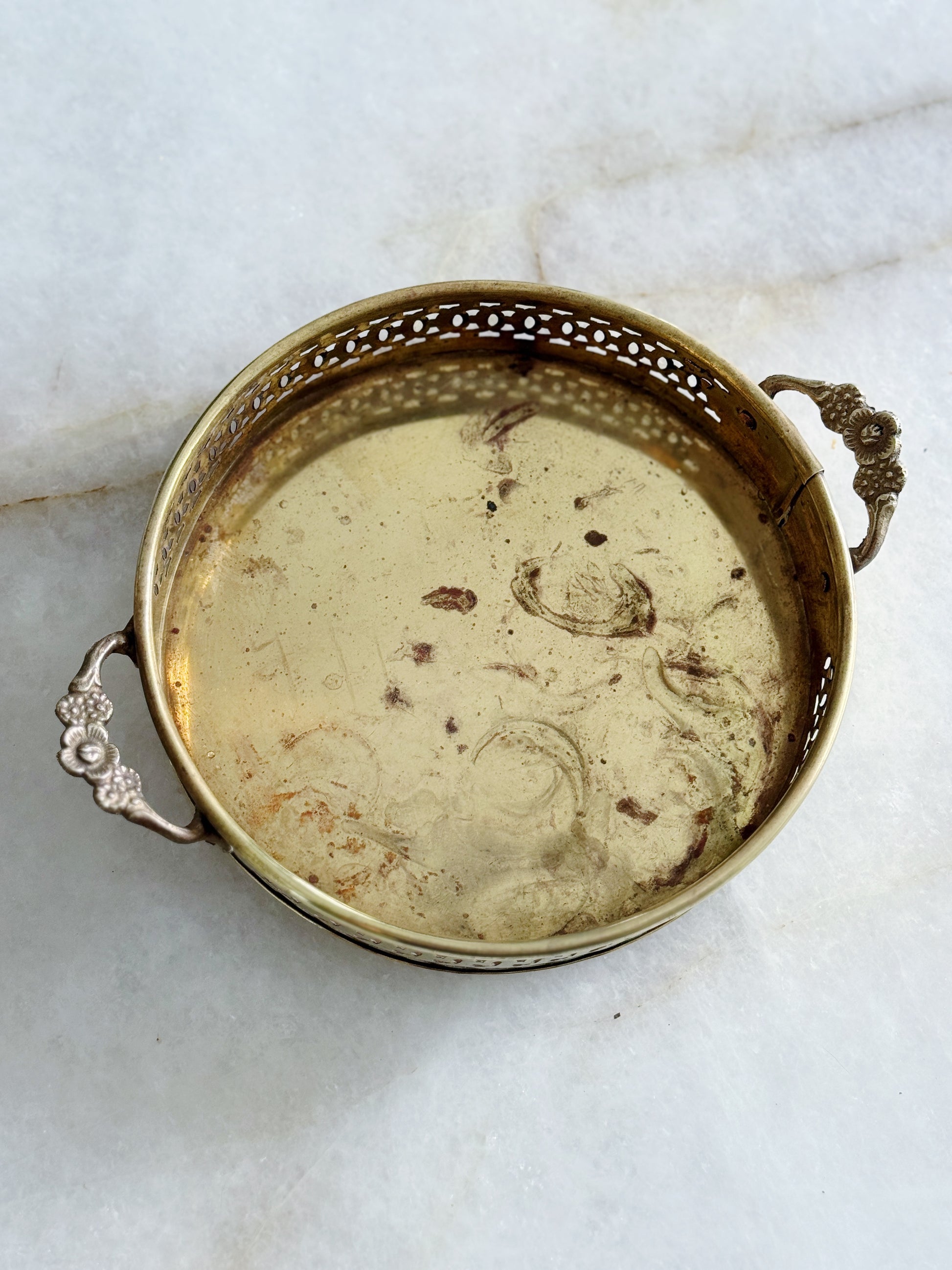Vintage Brass Round Gallery Tray with Pierced Edge and Handles