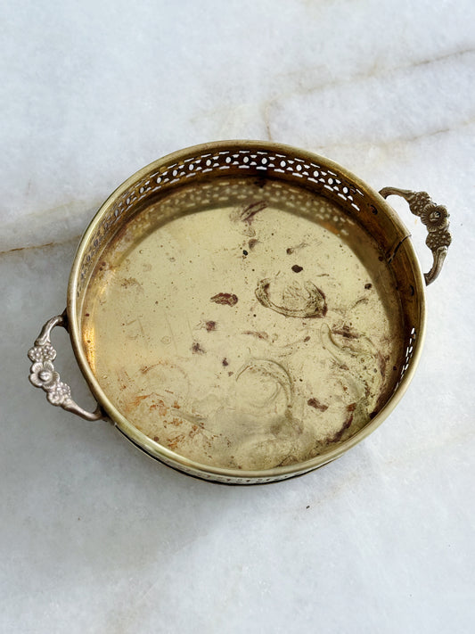 Vintage Brass Round Gallery Tray with Pierced Edge and Handles