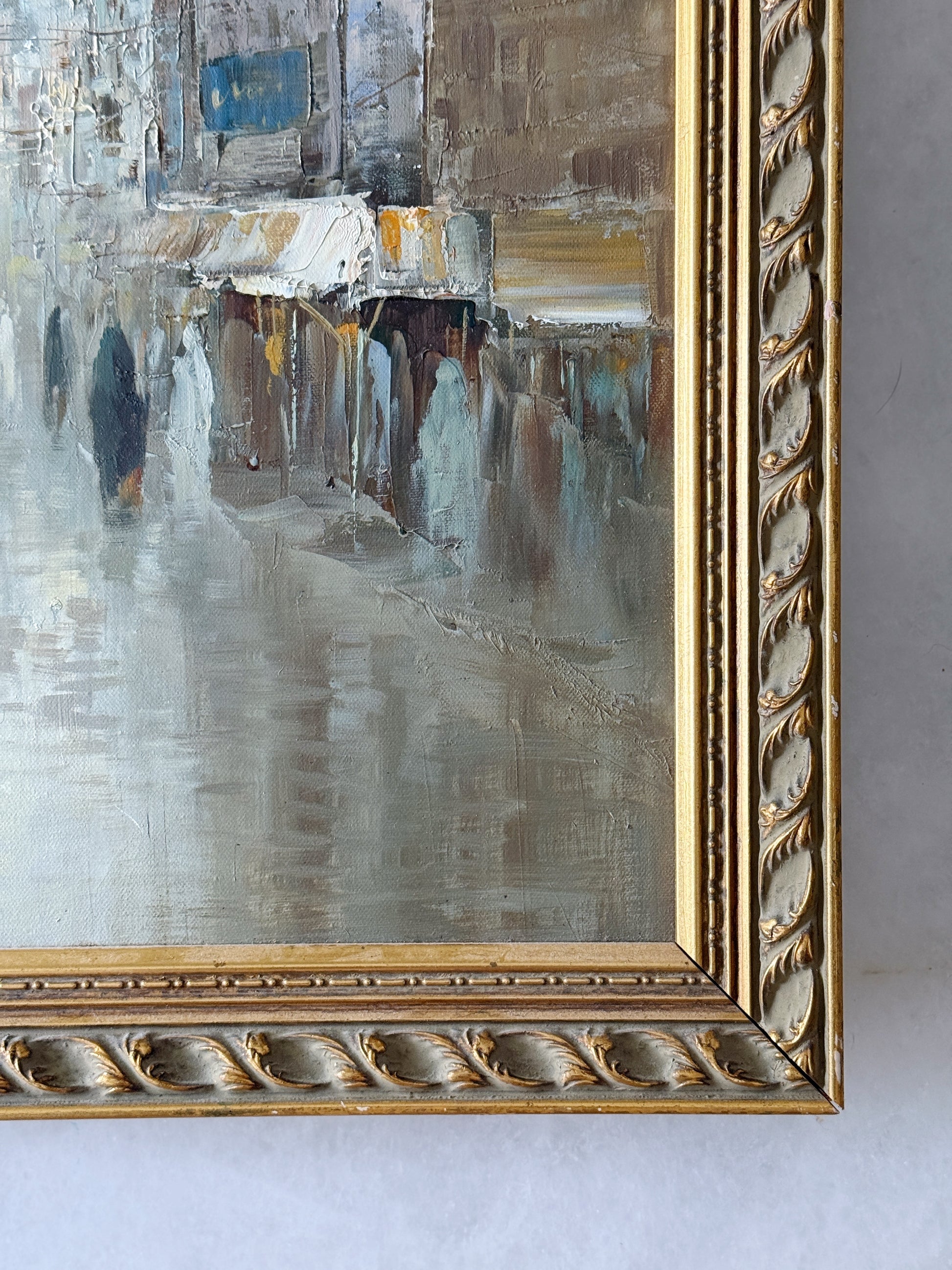 Vintage Framed Oil Painting – Impressionist City Scene