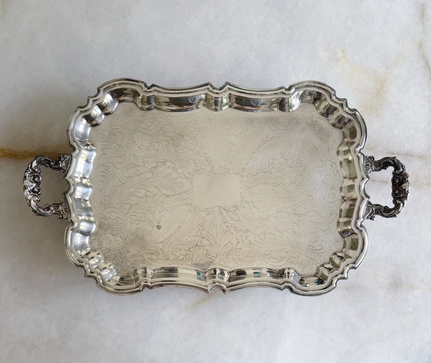 Large Vintage Silver Embossed Footed Serving Tray - 23”