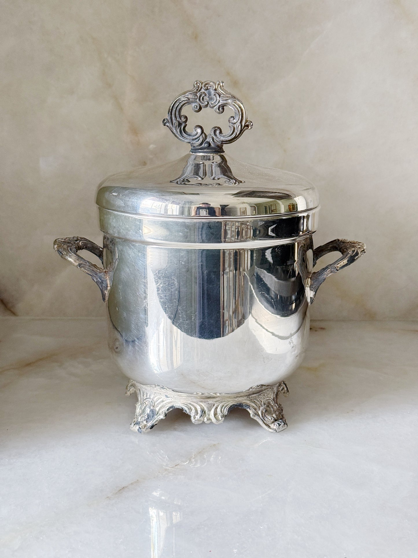 Vintage Silver Footed Ice Bucket with Lid & Ornate Handles