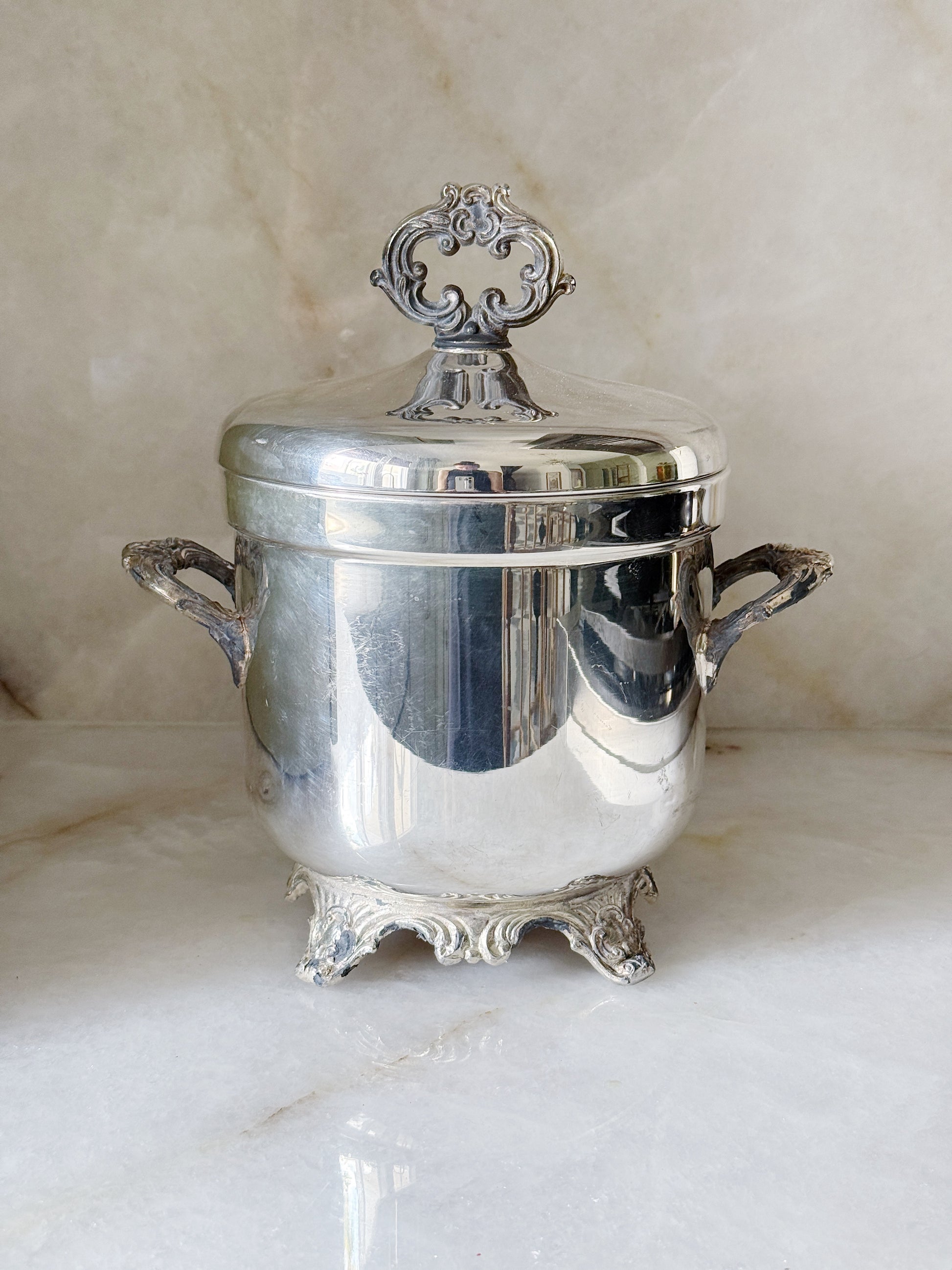 Vintage Silver Footed Ice Bucket with Lid & Ornate Handles