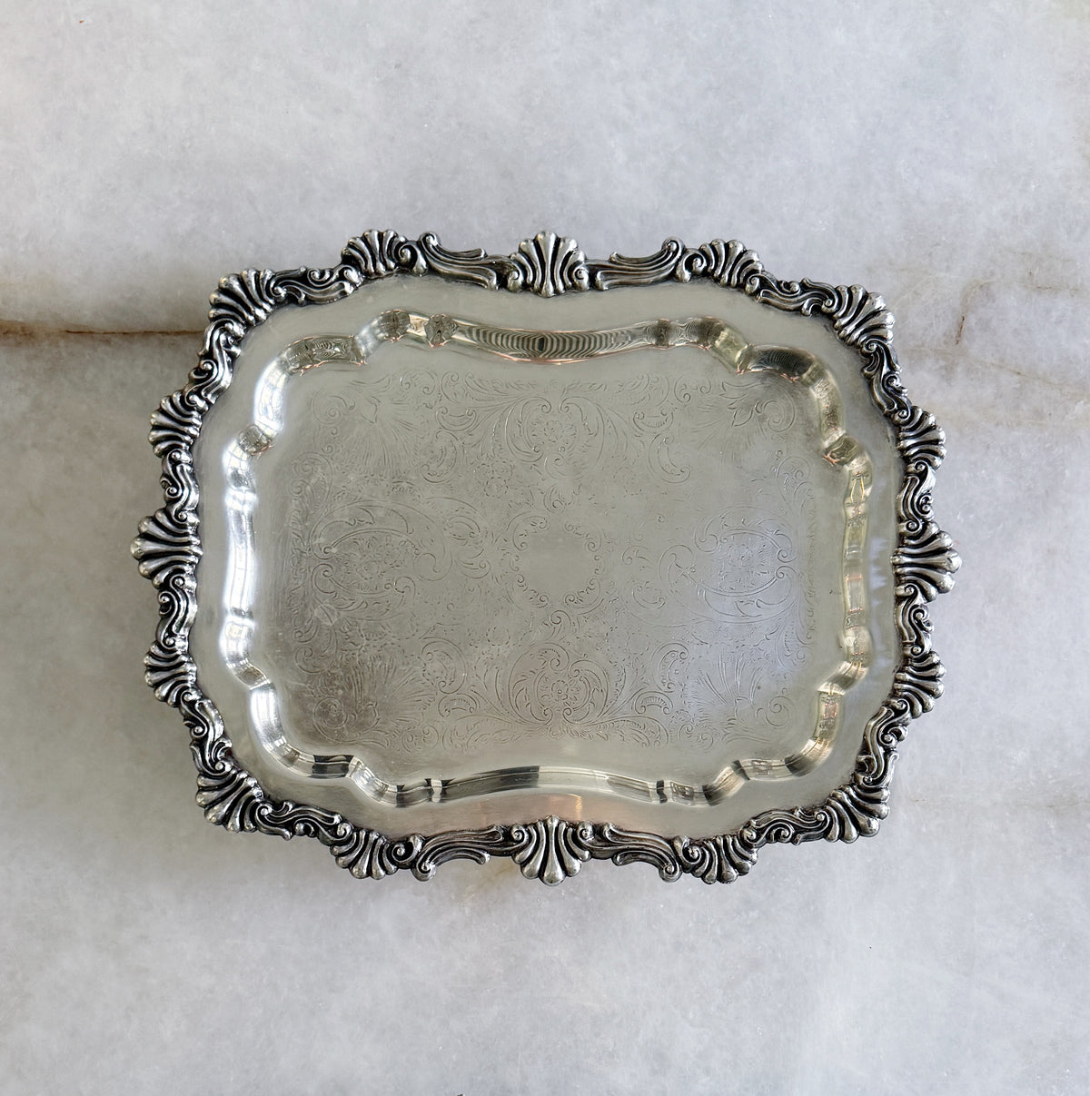 Vintage Etched Silver Footed Rectangle Tray