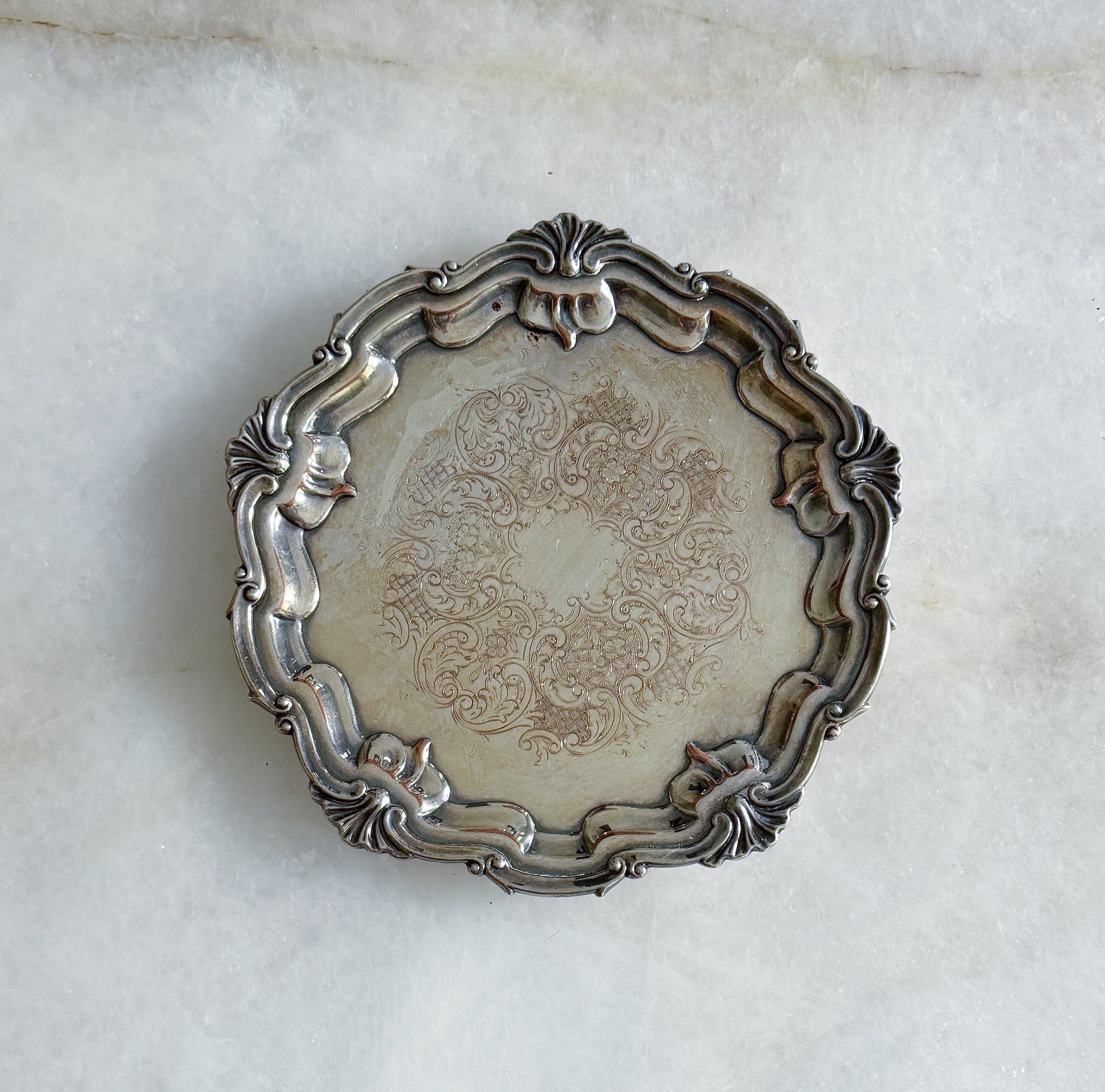 Small Vintage Silver Decorative Edge Serving Tray 
