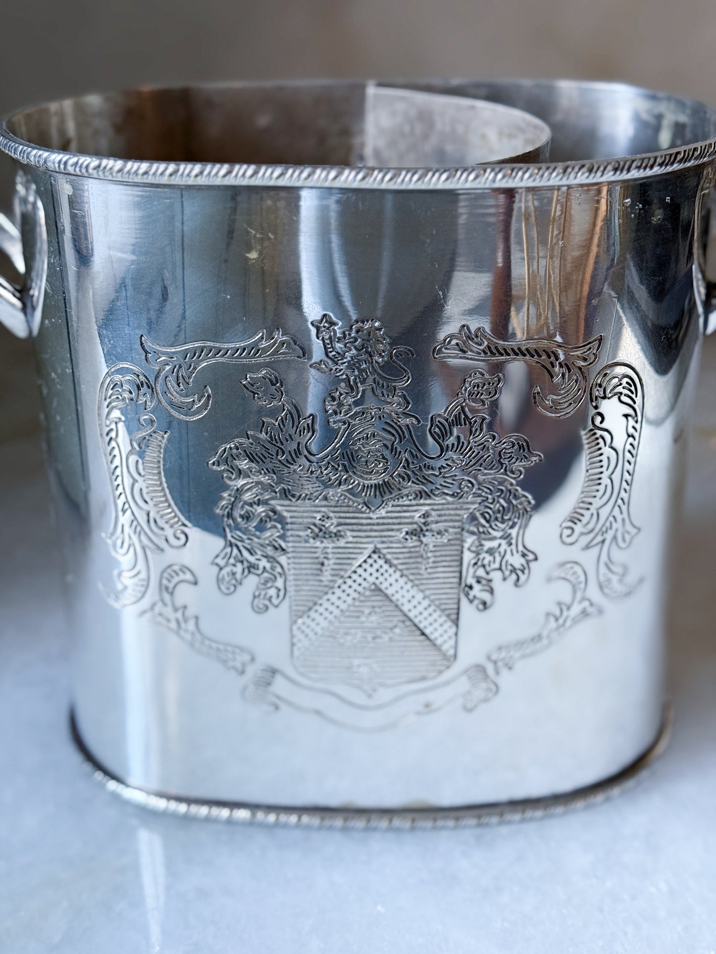Vintage Silver Wine Cooler with Engraved Crest