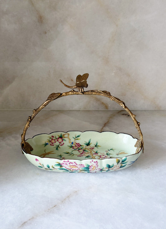 Chinoiserie Porcelain Floral Dish with Bronze Ormolu Dragonfly Detailed Handle
