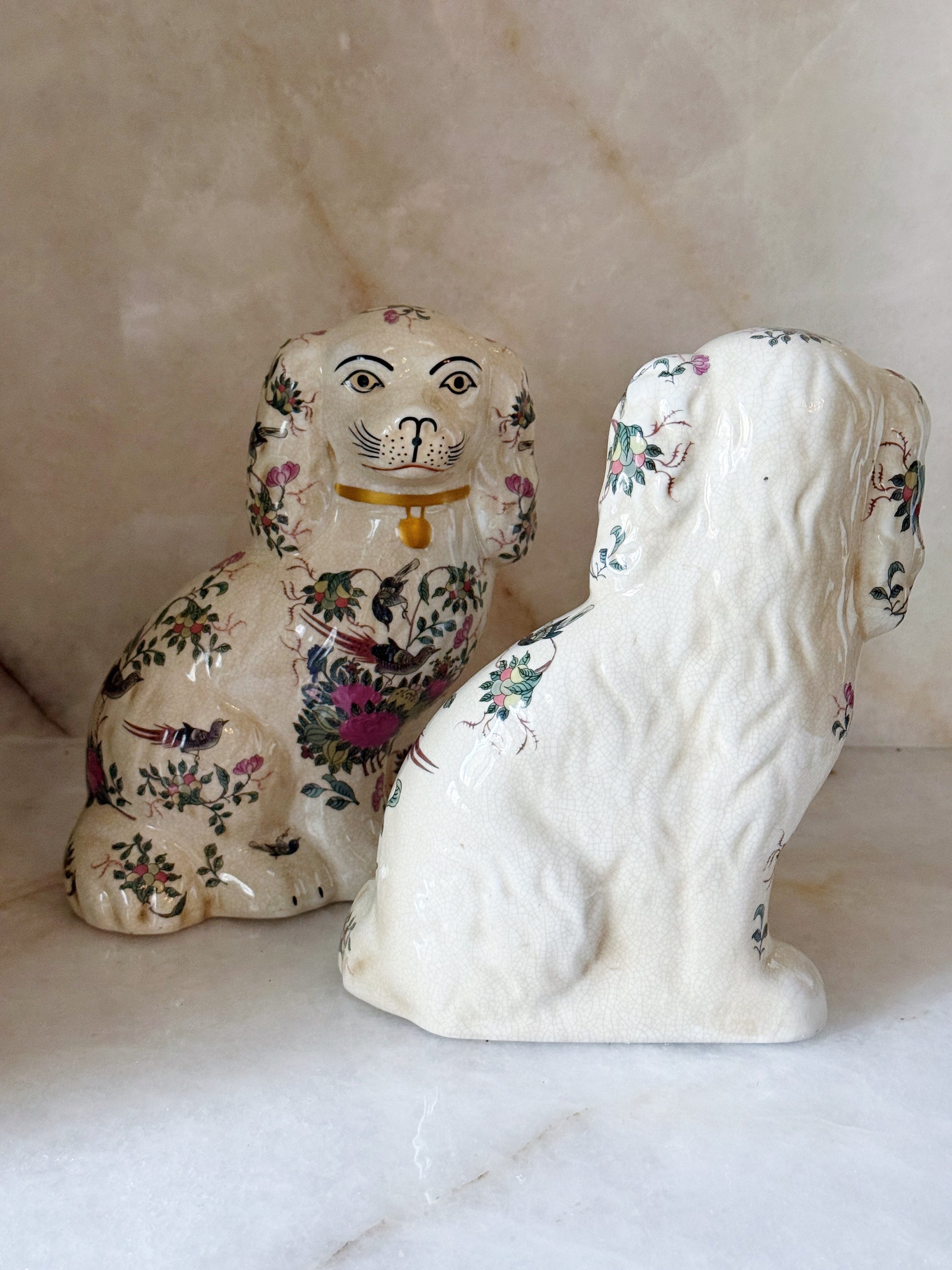 Floral Staffordshire Dog Figurines – Pair | Rose Medallion Porcelain Dogs