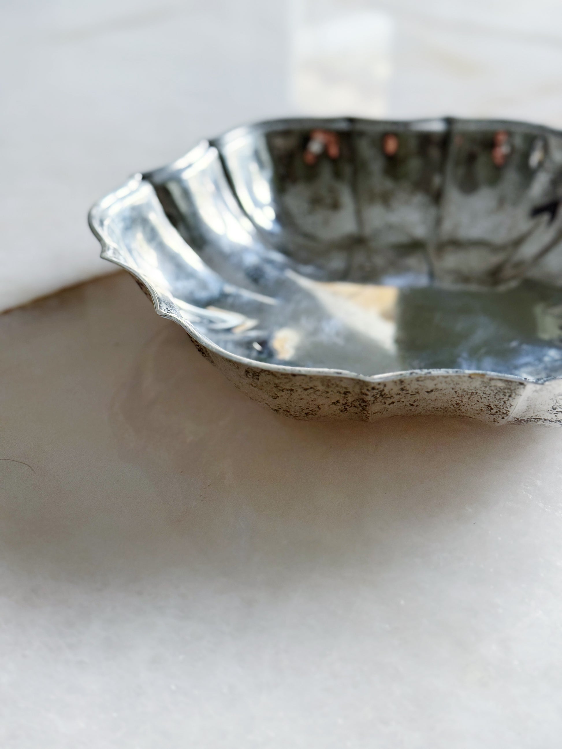 Vintage Silver Serving Tray with Scalloped Edge