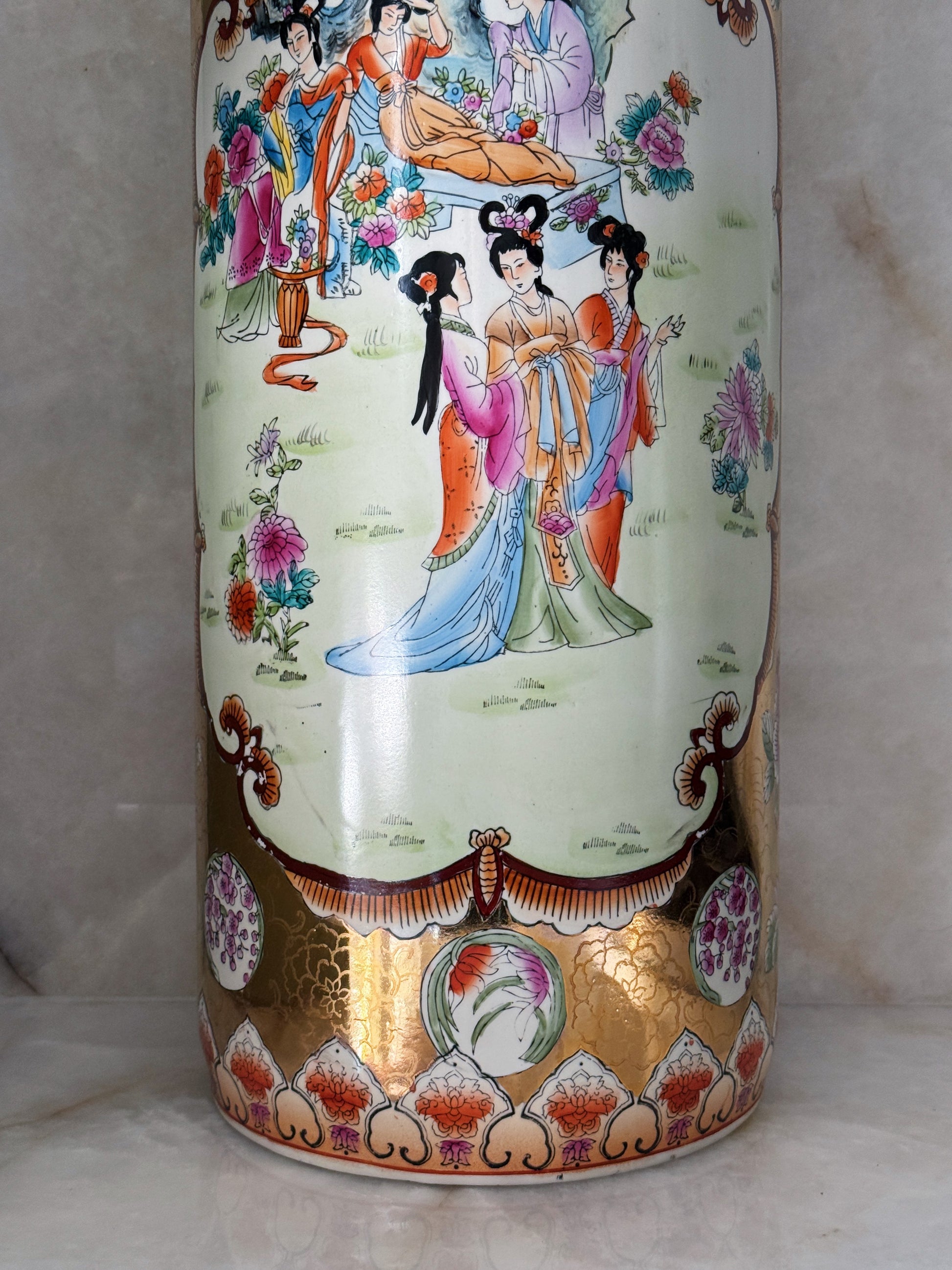 Vintage Hand-Painted Chinoiserie Porcelain Umbrella Stand