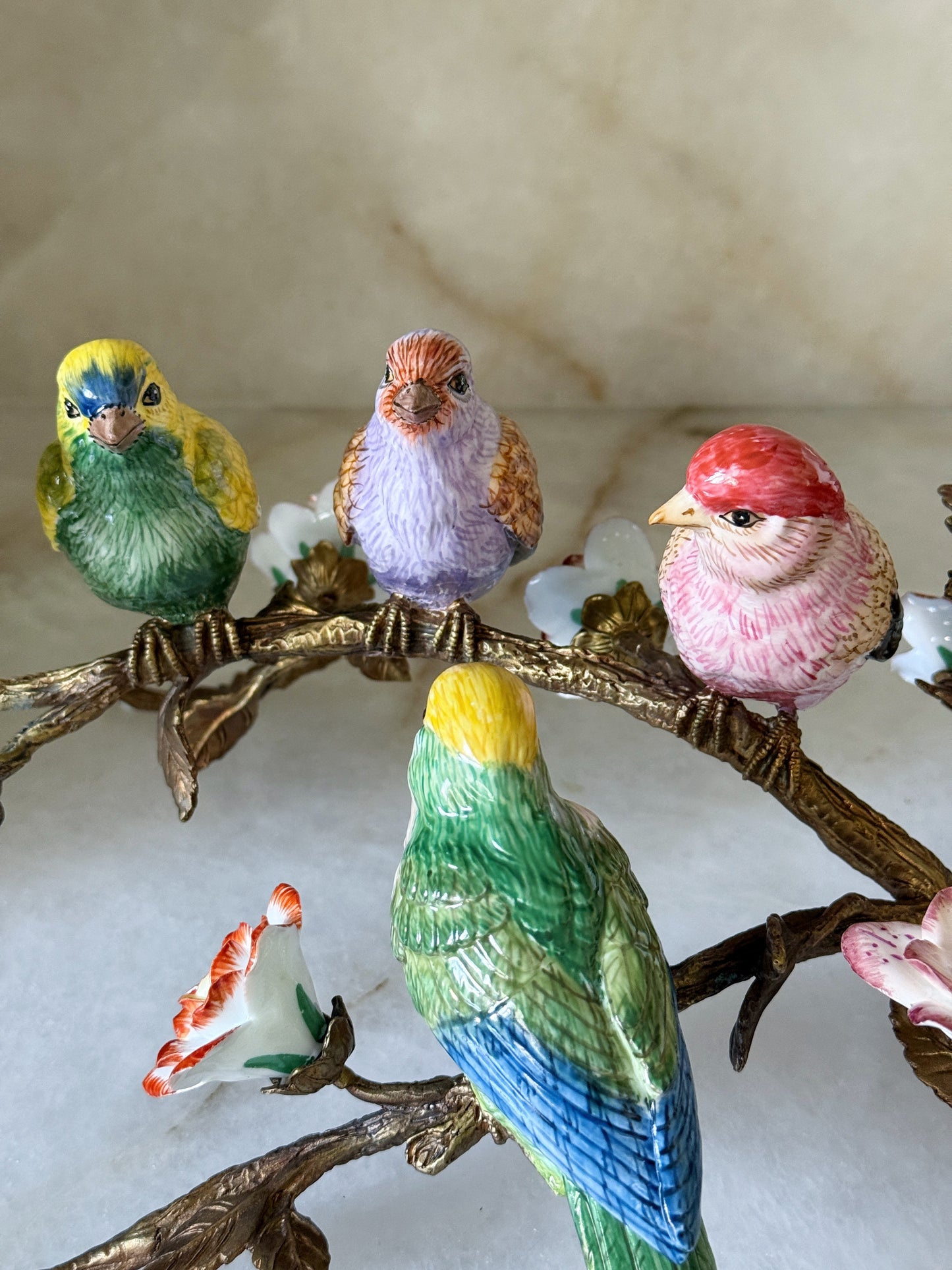 Hand Painted Porcelain Bird & Bronze Ormolu Branch Candelabra