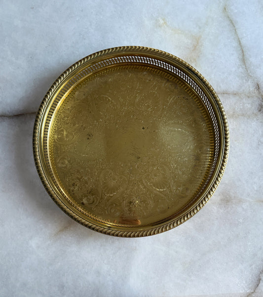 Large Vintage Brass Serving Tray with Reticulated Edges with etched center 