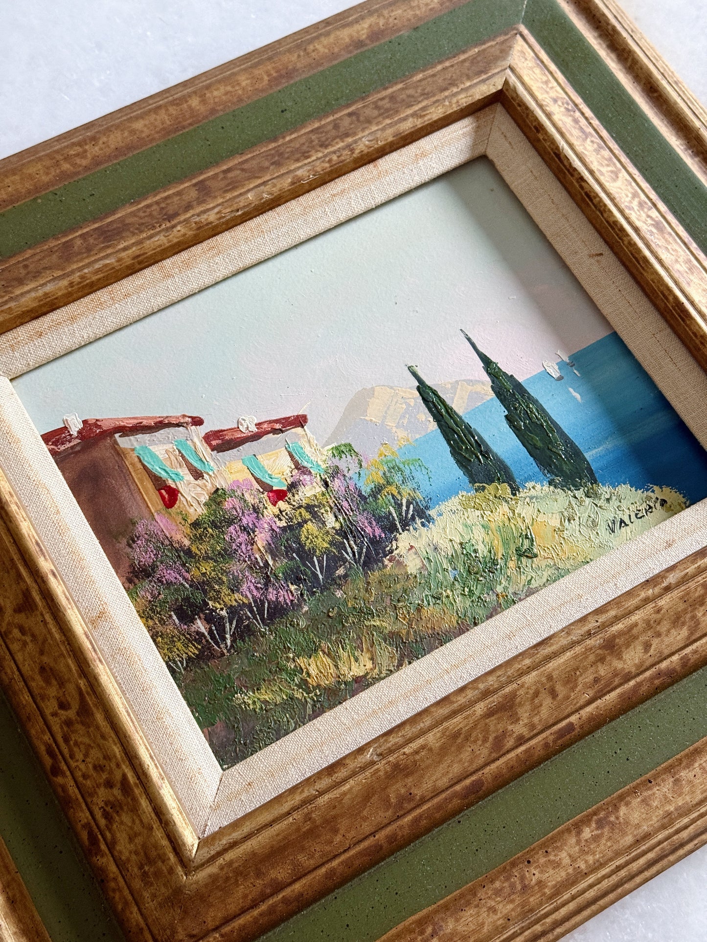 Vintage Mediterranean Coastal Oil Painting | Framed Vintage Art