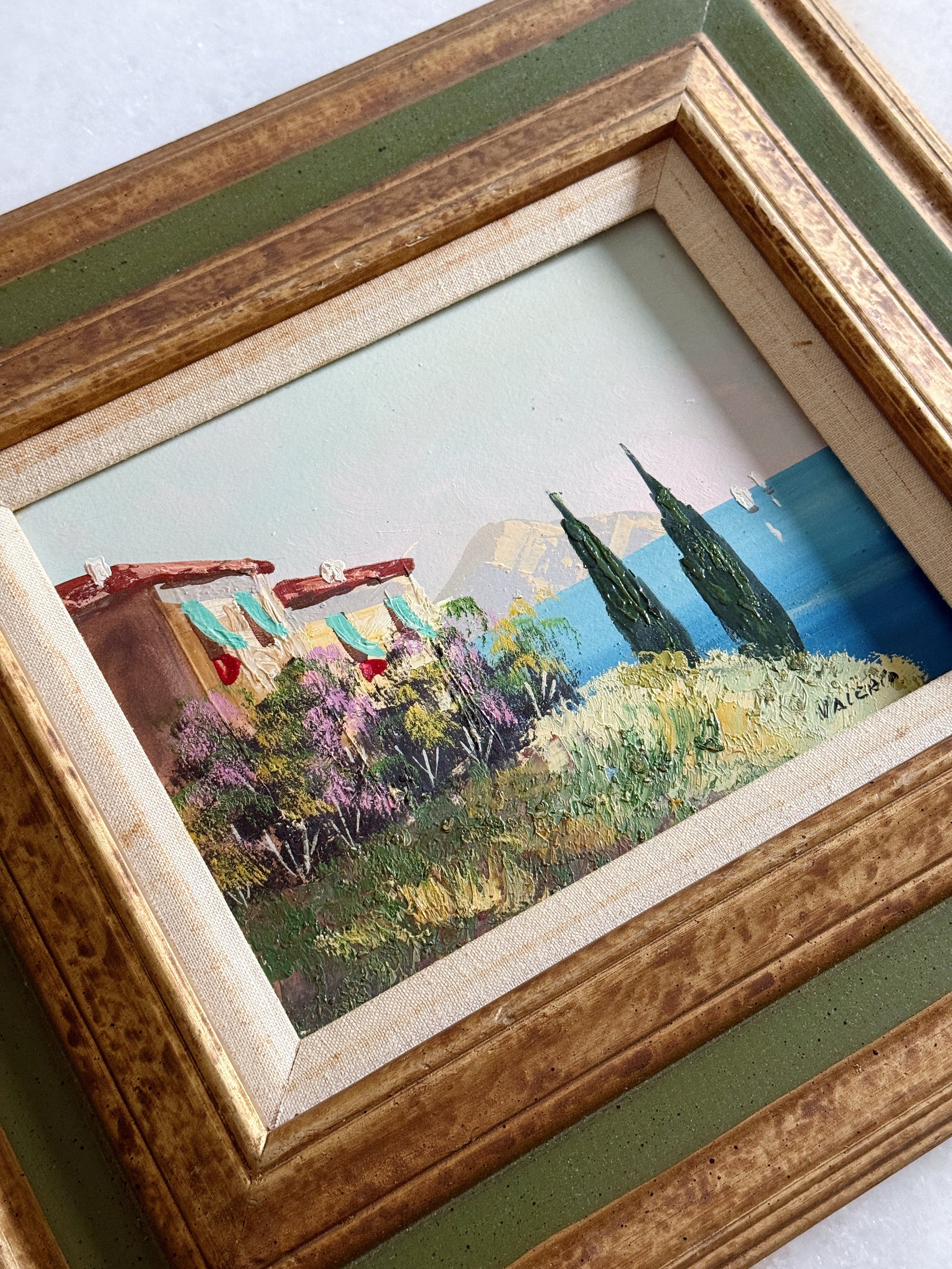 Vintage Mediterranean Coastal Oil Painting | Framed Vintage Art