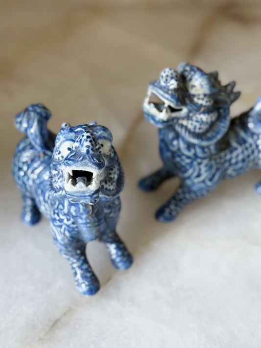 Blue & White Hand Painted Foo Dogs