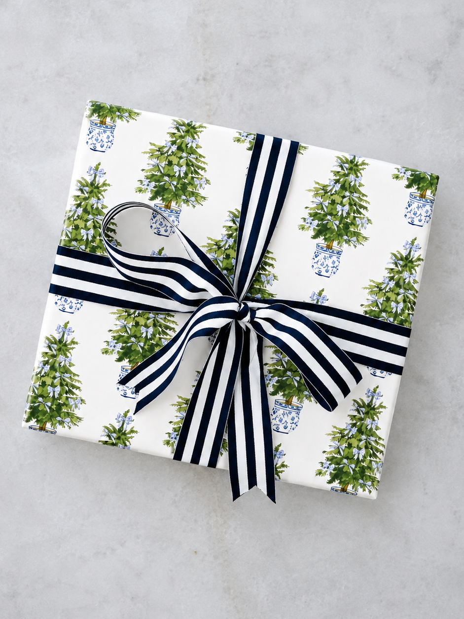 Blue Bow Chinoiserie Christmas Tree Wrapping Paper