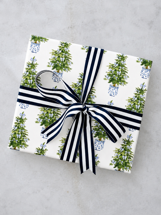 Blue Bow Chinoiserie Christmas Tree Wrapping Paper