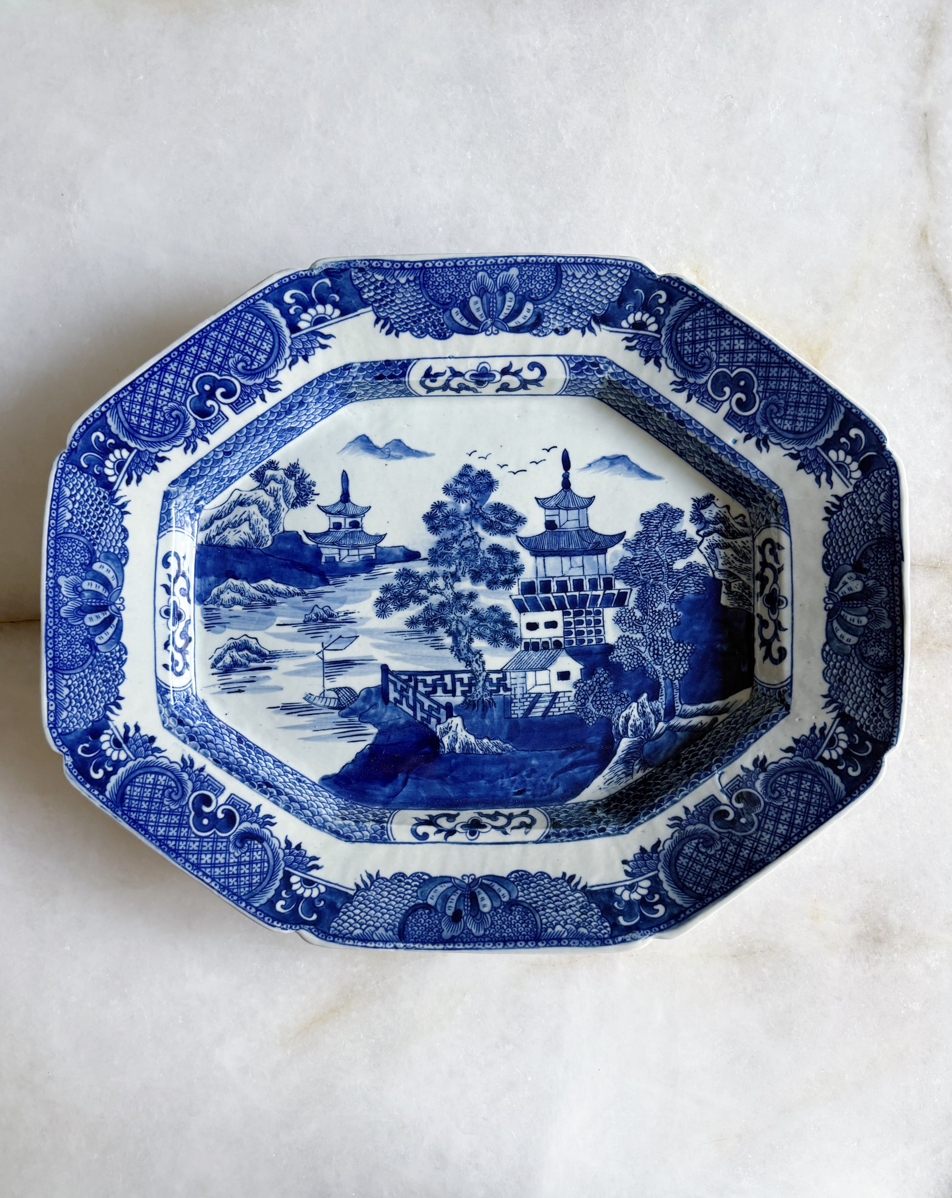 Large Octagonal Blue & White Willow Ware Style Platter