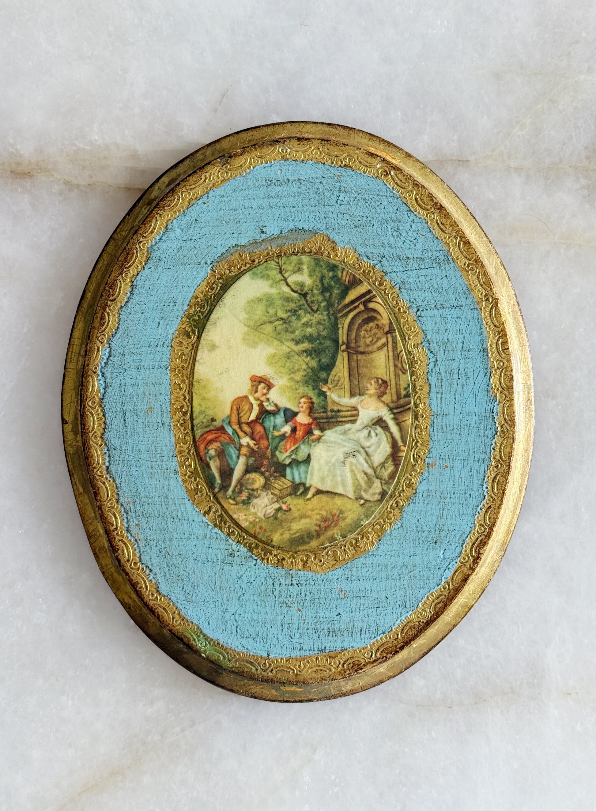 Vintage Italian Florentine Wall Plaque - Blue & Gilt Border