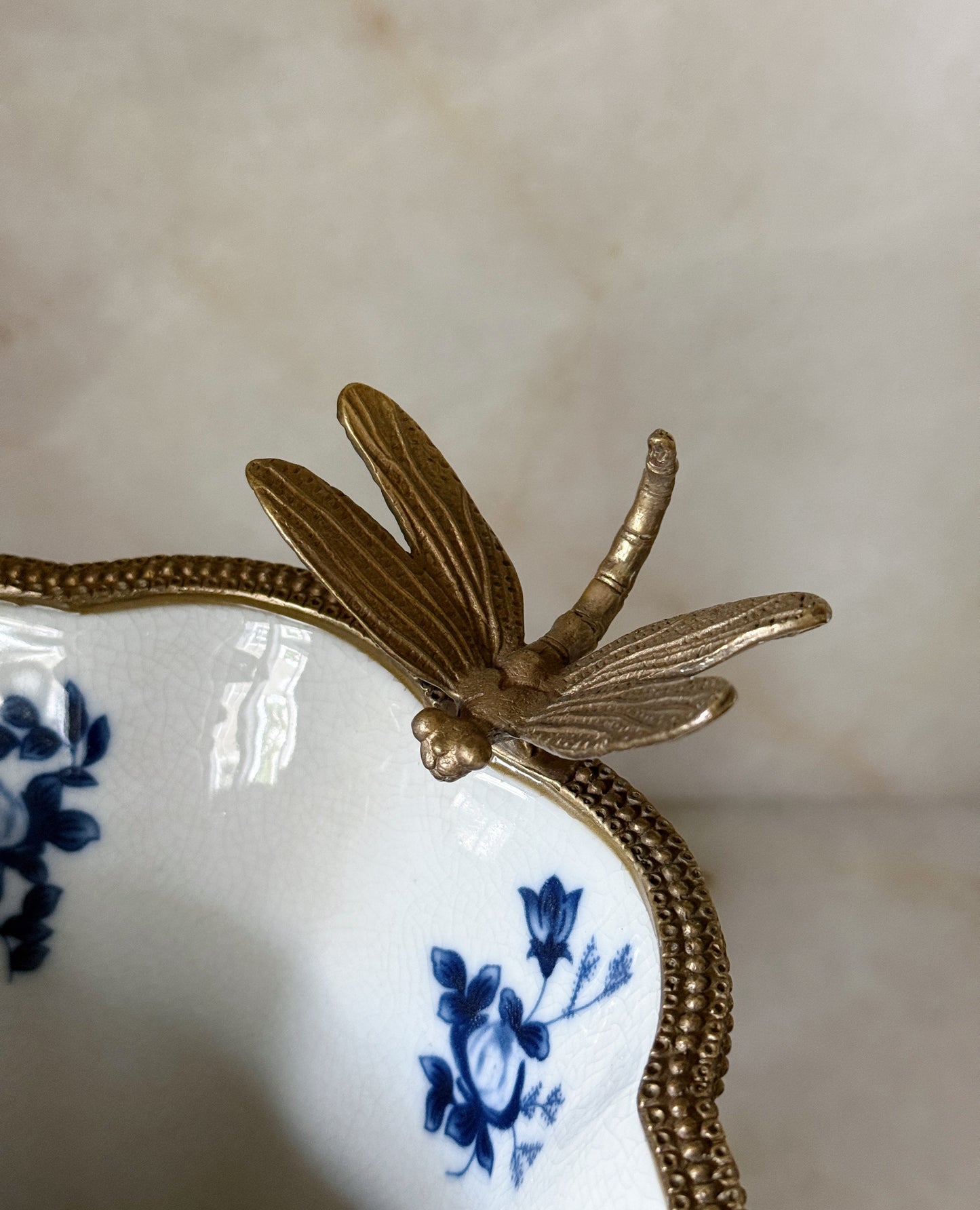 Blue & White Porcelain Vase with Bronze Ormolu Dragonfly Detail