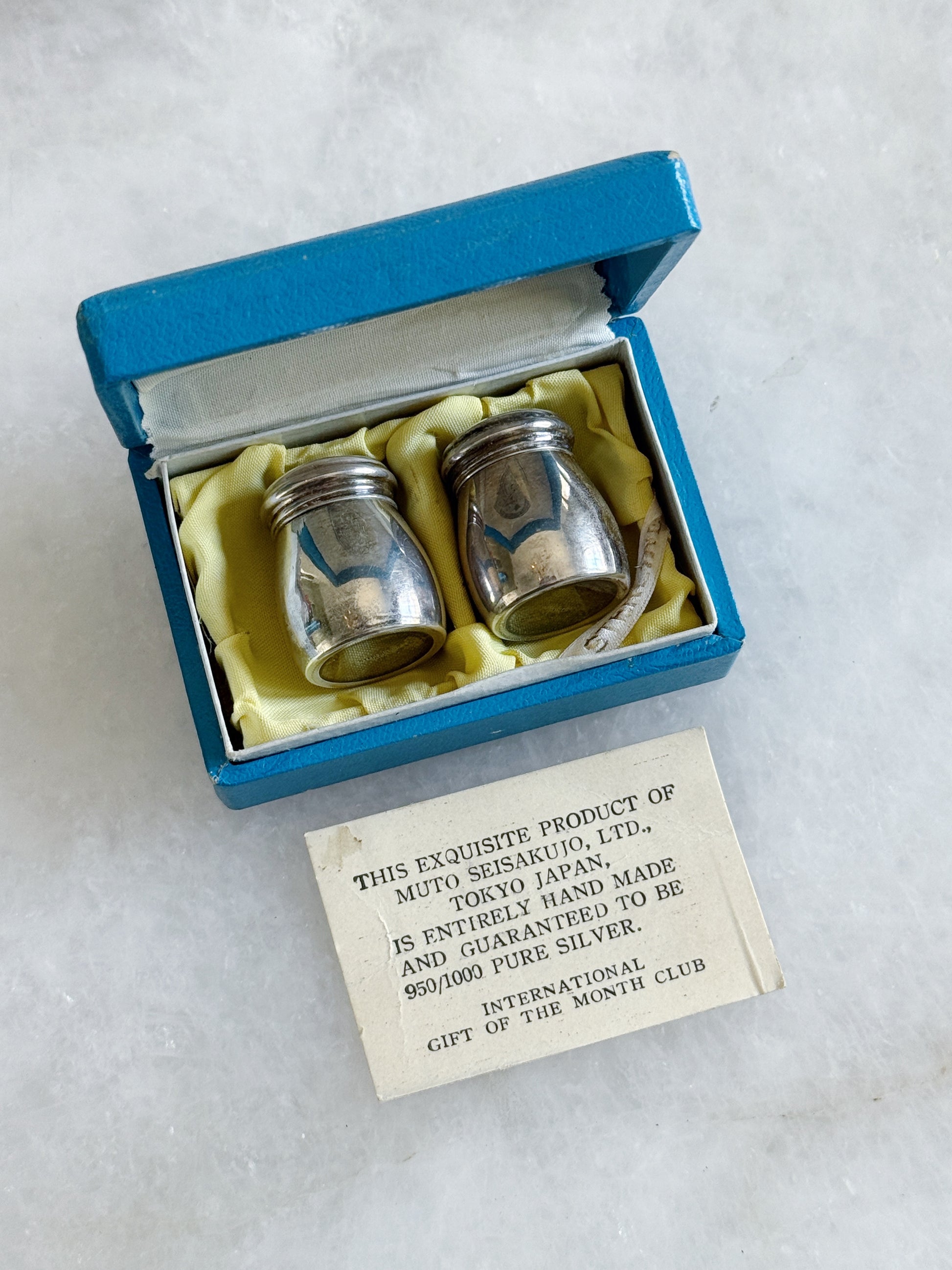 Vintage Miniature Sterling Silver Salt & Pepper Shakers in Original Box - 1950s