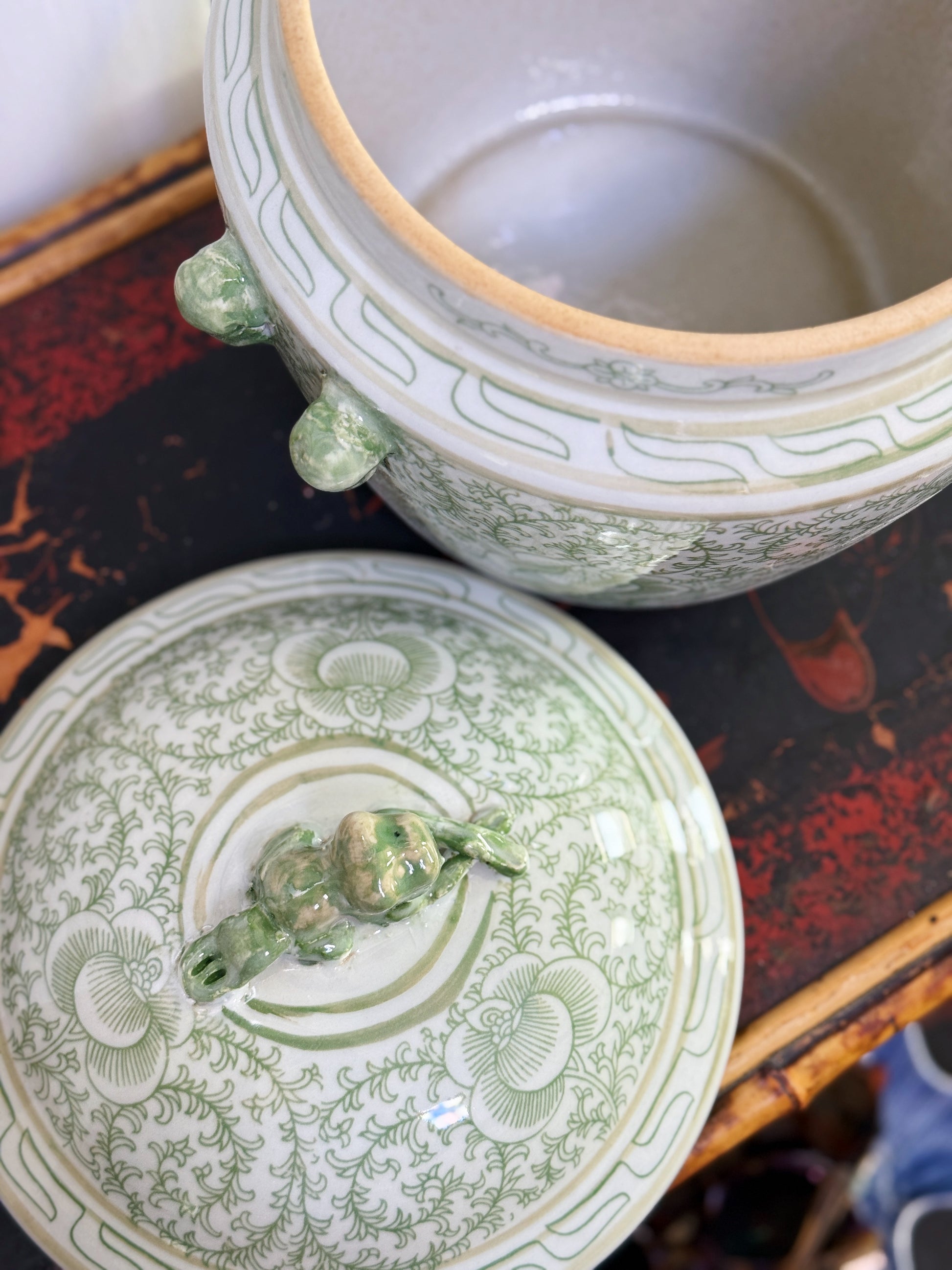 Green & White Hand Painted Serving Dish