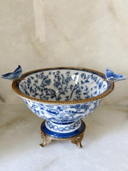 Blue & White Porcelain Footed Bowl with Ormolu Base and Butterfly Detail