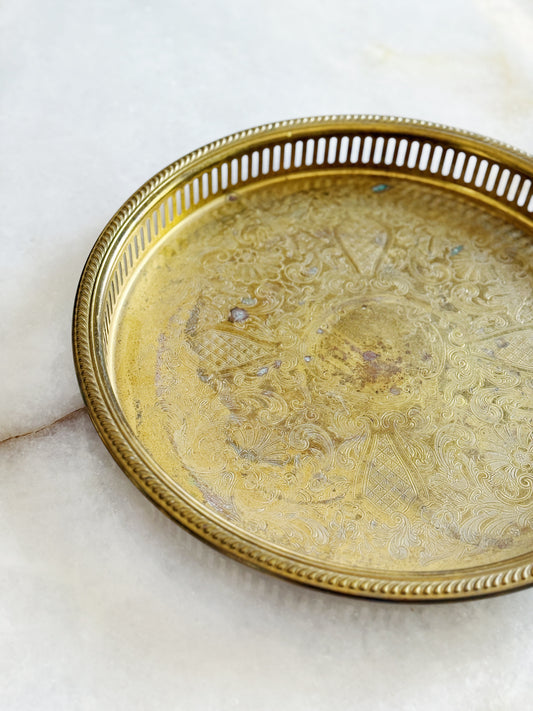 Vintage brass serving tray with reticulated edges