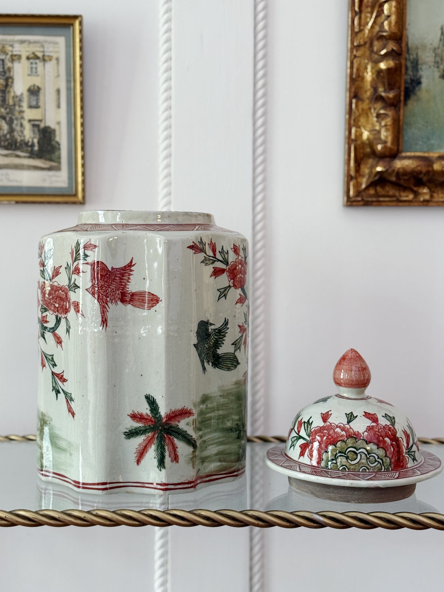 Hand-Painted Chinoiserie Ginger Jar with Bird & Floral Motif