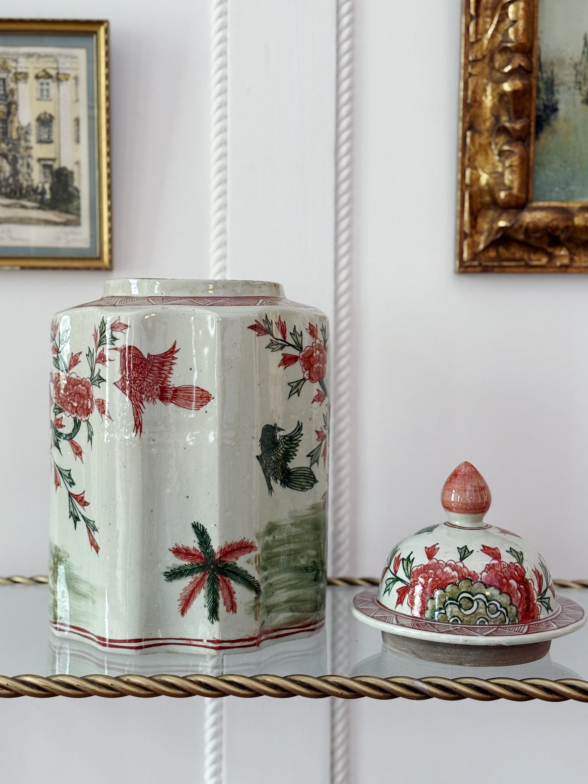 Hand-Painted Chinoiserie Ginger Jar with Bird & Floral Motif