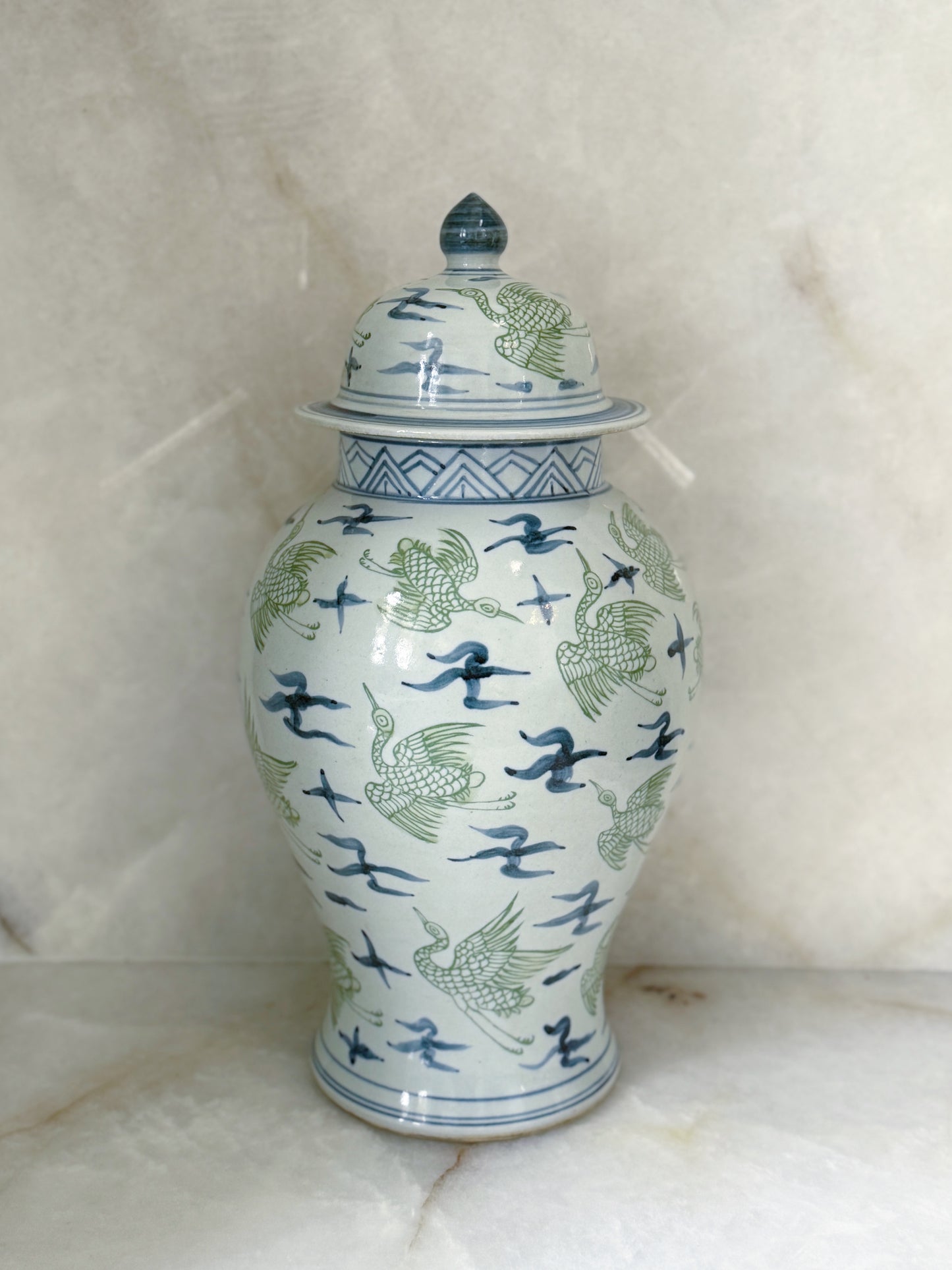 Blue and green crane temple jars 