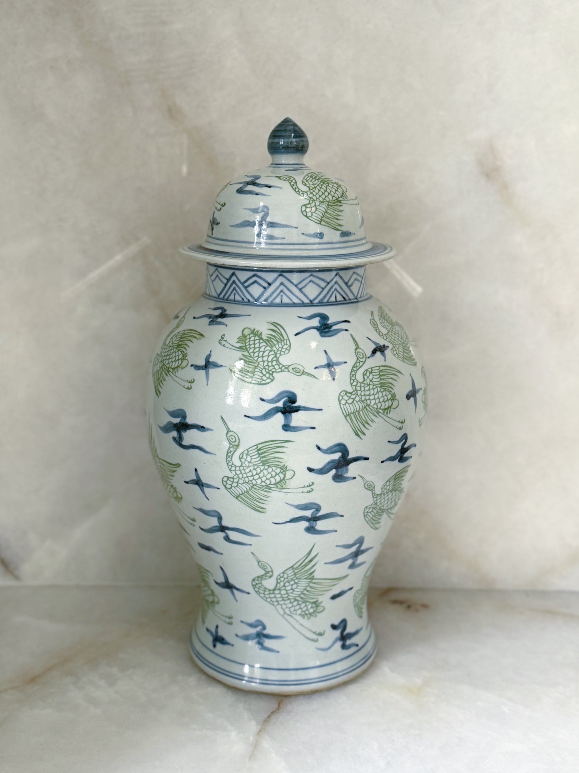 Blue and green crane temple jars 