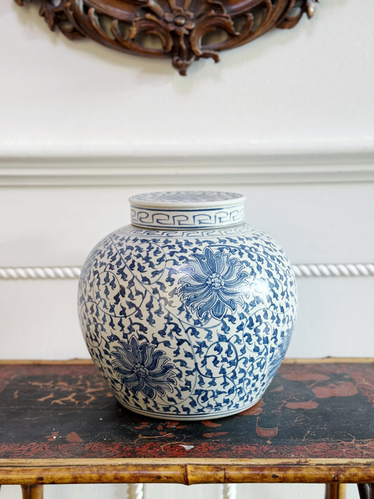 Blue & White Scrolling Lotus Ginger Jar